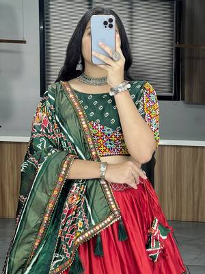 RED DHOLA SILK EMBROIDERY NAVRATRI CHANIYA CHOLI- full stitched free size 4