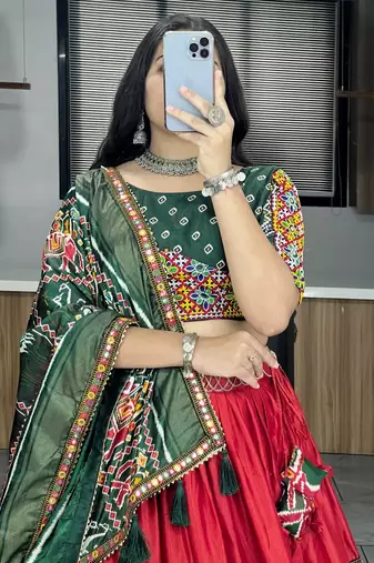 RED DHOLA SILK EMBROIDERY NAVRATRI CHANIYA CHOLI- full stitched free size