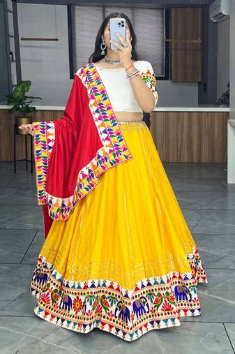 YELLOW  RAYON COTTON EMBROIDERY  SEMI STICHED NAVRATRI CHANIYA CHOLI