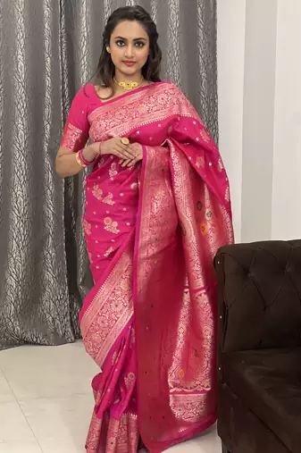 Pink soft silk blend saree with zari weaving meenakari design