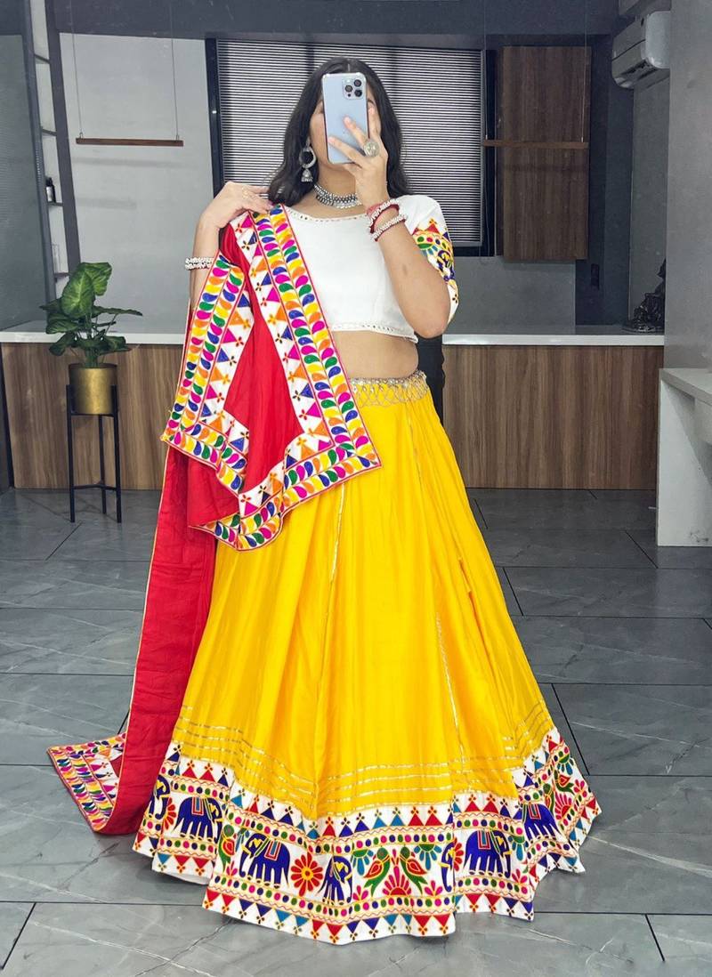 YELLOW  RAYON COTTON EMBROIDERY  SEMI STICHED NAVRATRI CHANIYA CHOLI
