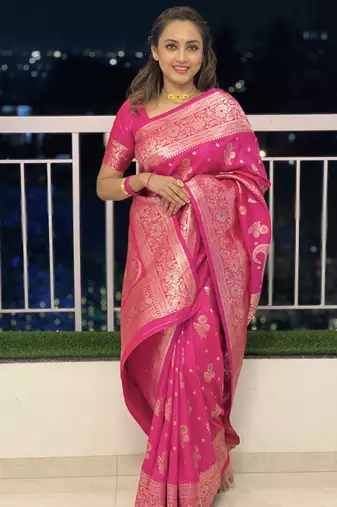 Pink soft silk blend saree with zari weaving meenakari design