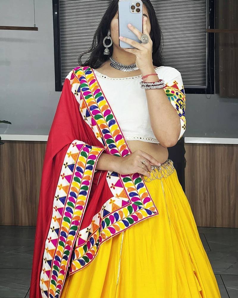 YELLOW  RAYON COTTON EMBROIDERY  SEMI STICHED NAVRATRI CHANIYA CHOLI