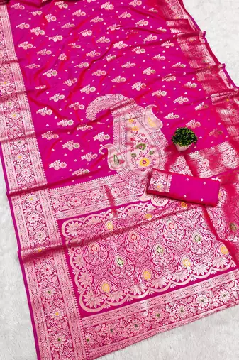 Pink soft silk blend saree with zari weaving meenakari design