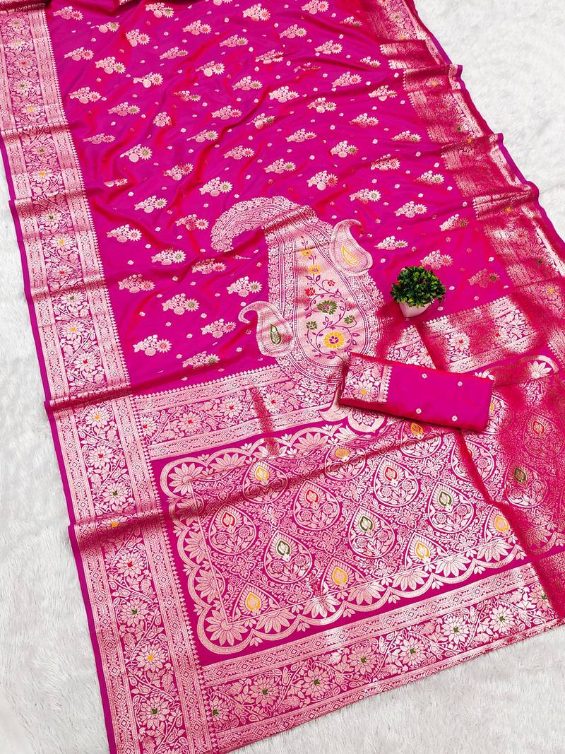 Pink soft silk blend saree with zari weaving meenakari design