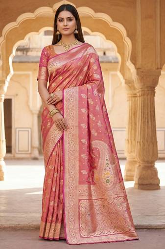 Onion pink soft silk blend saree with zari weaving meenakari design