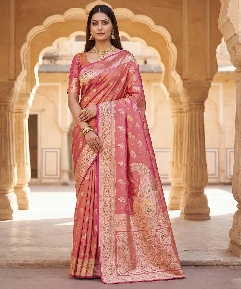 Onion pink soft silk blend saree with zari weaving meenakari design