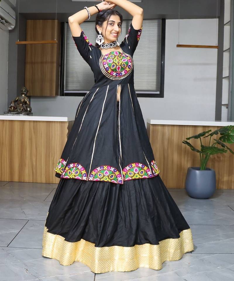 BLACK RAYON COTTON EMBROIDERY NAVRATRI TOP CHANIYA CHOLI- full stitched free size