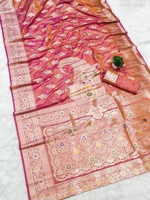 Onion pink soft silk blend saree with zari weaving meenakari design 2