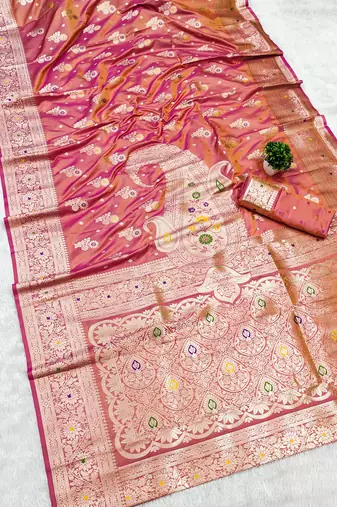 Onion pink soft silk blend saree with zari weaving meenakari design