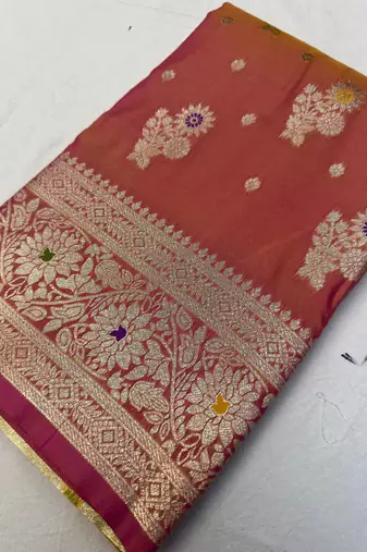 Onion pink soft silk blend saree with zari weaving meenakari design