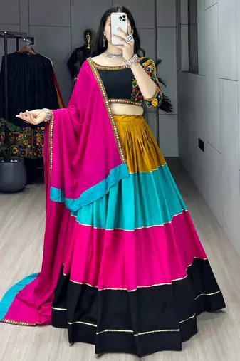 MULTI COLOR RAYON COTTON EMBROIDERY NAVRATRI TOP CHANIYA CHOLI- full stitched free size