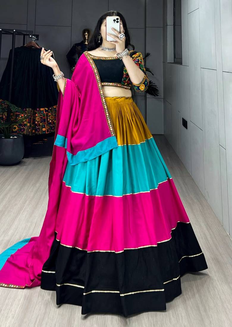 MULTI COLOR RAYON COTTON EMBROIDERY NAVRATRI TOP CHANIYA CHOLI- full stitched free size