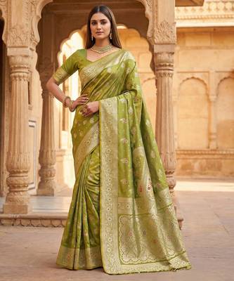 Green soft silk blend saree with zari weaving meenakari design 1