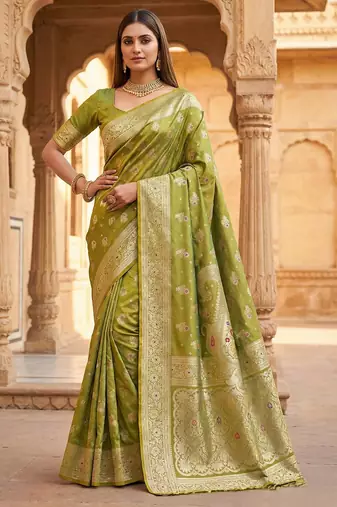 Green soft silk blend saree with zari weaving meenakari design