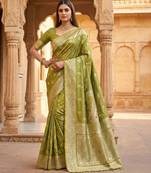 Green soft silk blend saree with zari weaving meenakari design