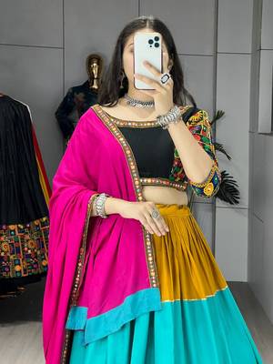 MULTI COLOR RAYON COTTON EMBROIDERY NAVRATRI TOP CHANIYA CHOLI- full stitched free size 4