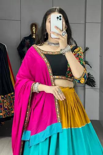 MULTI COLOR RAYON COTTON EMBROIDERY NAVRATRI TOP CHANIYA CHOLI- full stitched free size