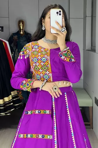 PURPLE RAYON COTTON EMBROIDERY NAVRATRI TOP CHANIYA CHOLI- full stitched free size