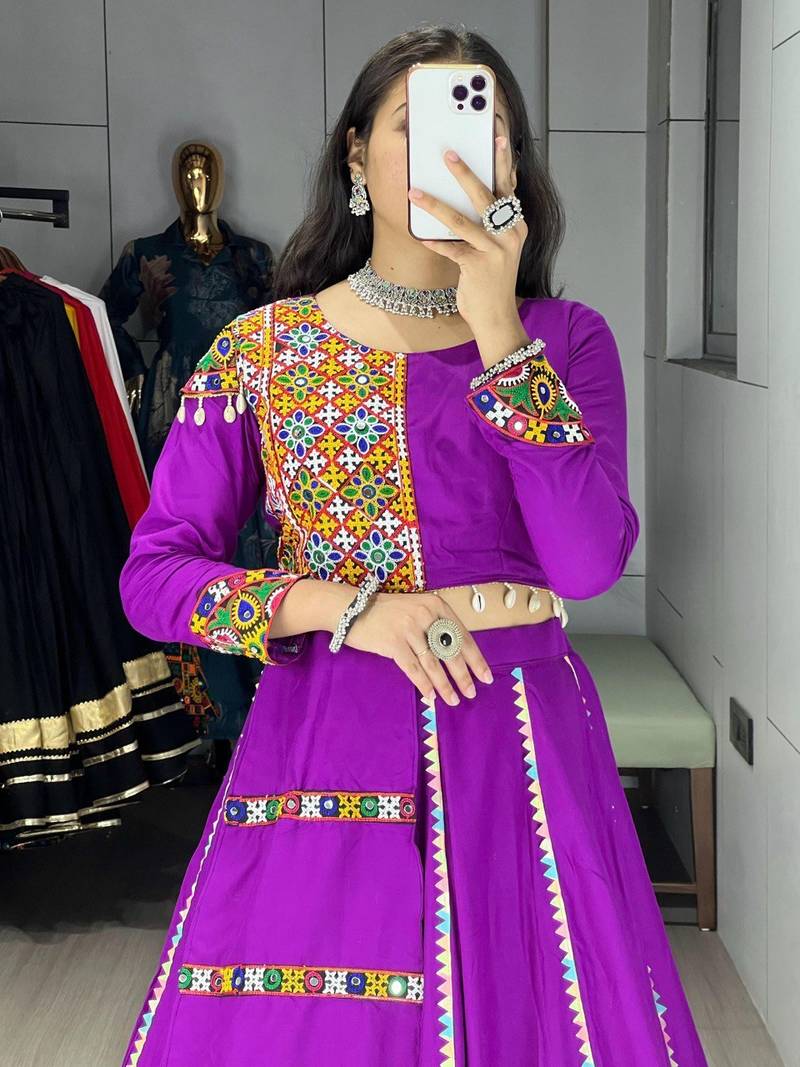 PURPLE RAYON COTTON EMBROIDERY NAVRATRI TOP CHANIYA CHOLI- full stitched free size