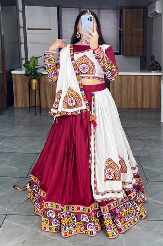 MAROON WHITE RAYON COTTON EMBROIDERY NAVRATRI TOP CHANIYA CHOLI- full stitched free size