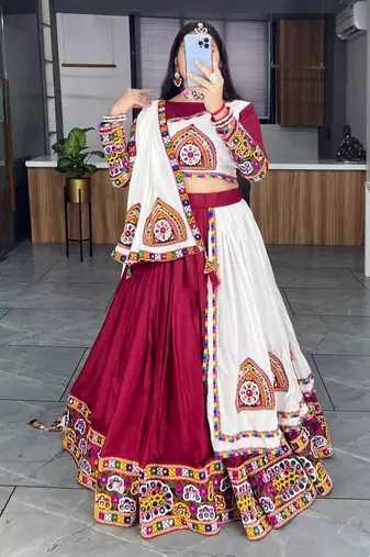 MAROON WHITE RAYON COTTON EMBROIDERY NAVRATRI TOP CHANIYA CHOLI- full stitched free size