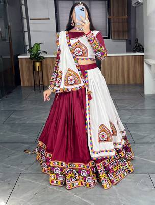 MAROON WHITE RAYON COTTON EMBROIDERY NAVRATRI TOP CHANIYA CHOLI- full stitched free size 2