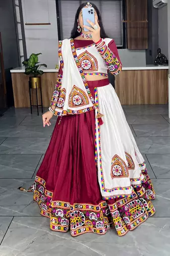 MAROON WHITE RAYON COTTON EMBROIDERY NAVRATRI TOP CHANIYA CHOLI- full stitched free size