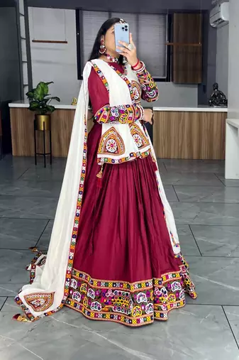 MAROON WHITE RAYON COTTON EMBROIDERY NAVRATRI TOP CHANIYA CHOLI- full stitched free size