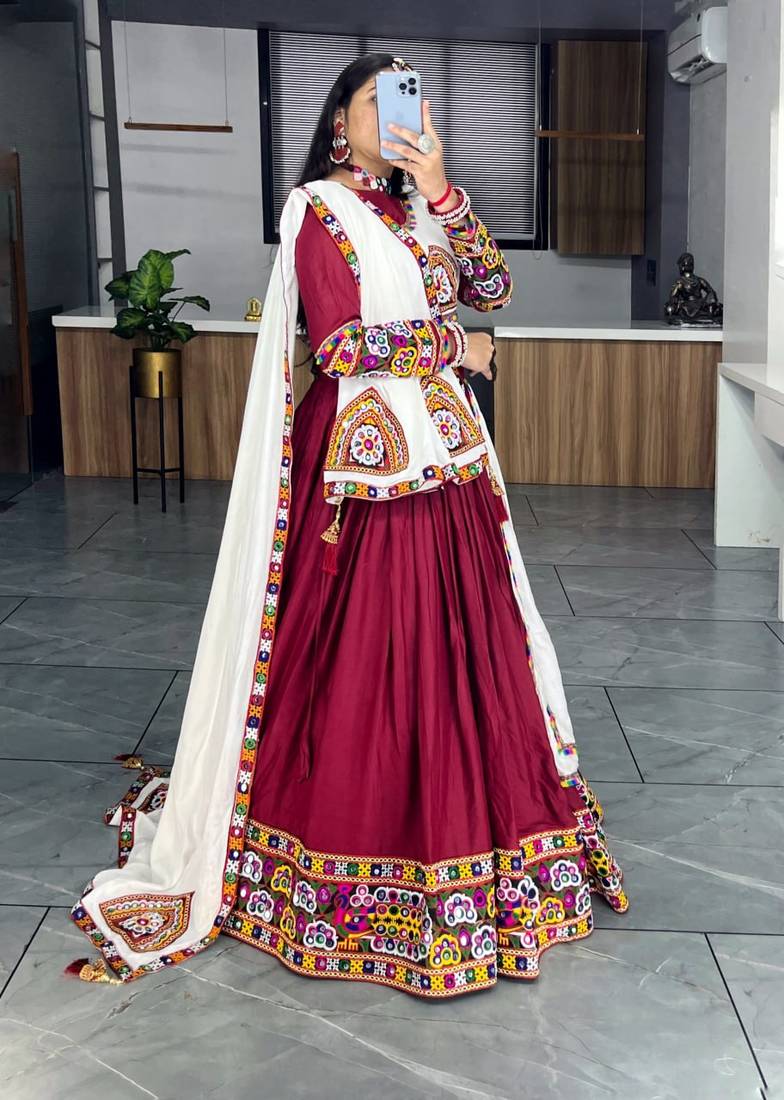MAROON WHITE RAYON COTTON EMBROIDERY NAVRATRI TOP CHANIYA CHOLI- full stitched free size