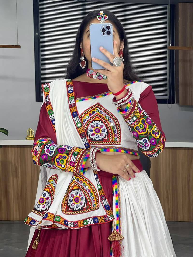 MAROON WHITE RAYON COTTON EMBROIDERY NAVRATRI TOP CHANIYA CHOLI- full stitched free size