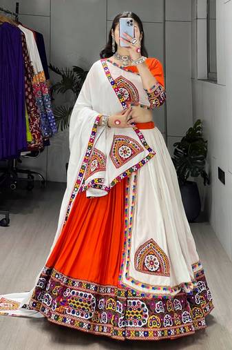 ORANGE RAYON COTTON EMBROIDERY NAVRATRI TOP CHANIYA CHOLI- full stitched free size