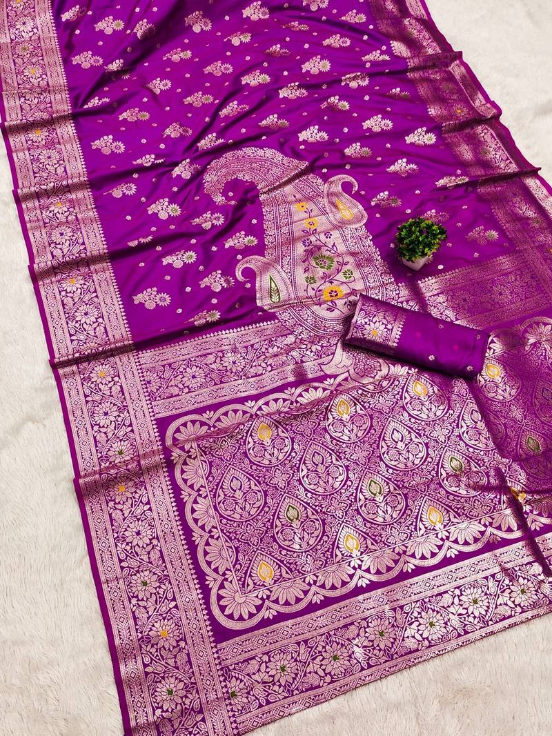 Wine soft silk blend saree with zari weaving meenakari design