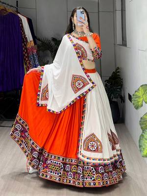 ORANGE RAYON COTTON EMBROIDERY NAVRATRI TOP CHANIYA CHOLI- full stitched free size 2
