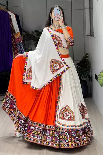 ORANGE RAYON COTTON EMBROIDERY NAVRATRI TOP CHANIYA CHOLI- full stitched free size
