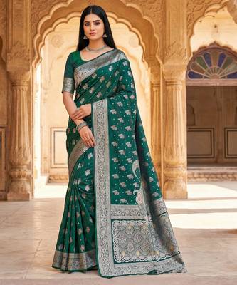 Sea green soft silk blend saree with zari weaving meenakari design 1