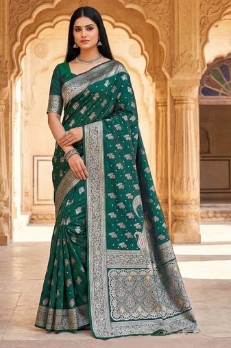 Sea green soft silk blend saree with zari weaving meenakari design
