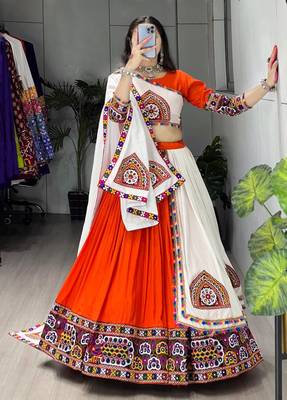 ORANGE RAYON COTTON EMBROIDERY NAVRATRI TOP CHANIYA CHOLI- full stitched free size 3