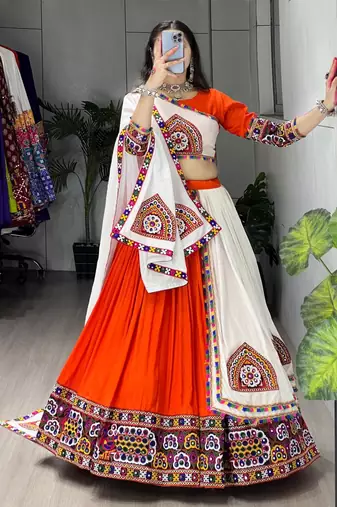 ORANGE RAYON COTTON EMBROIDERY NAVRATRI TOP CHANIYA CHOLI- full stitched free size