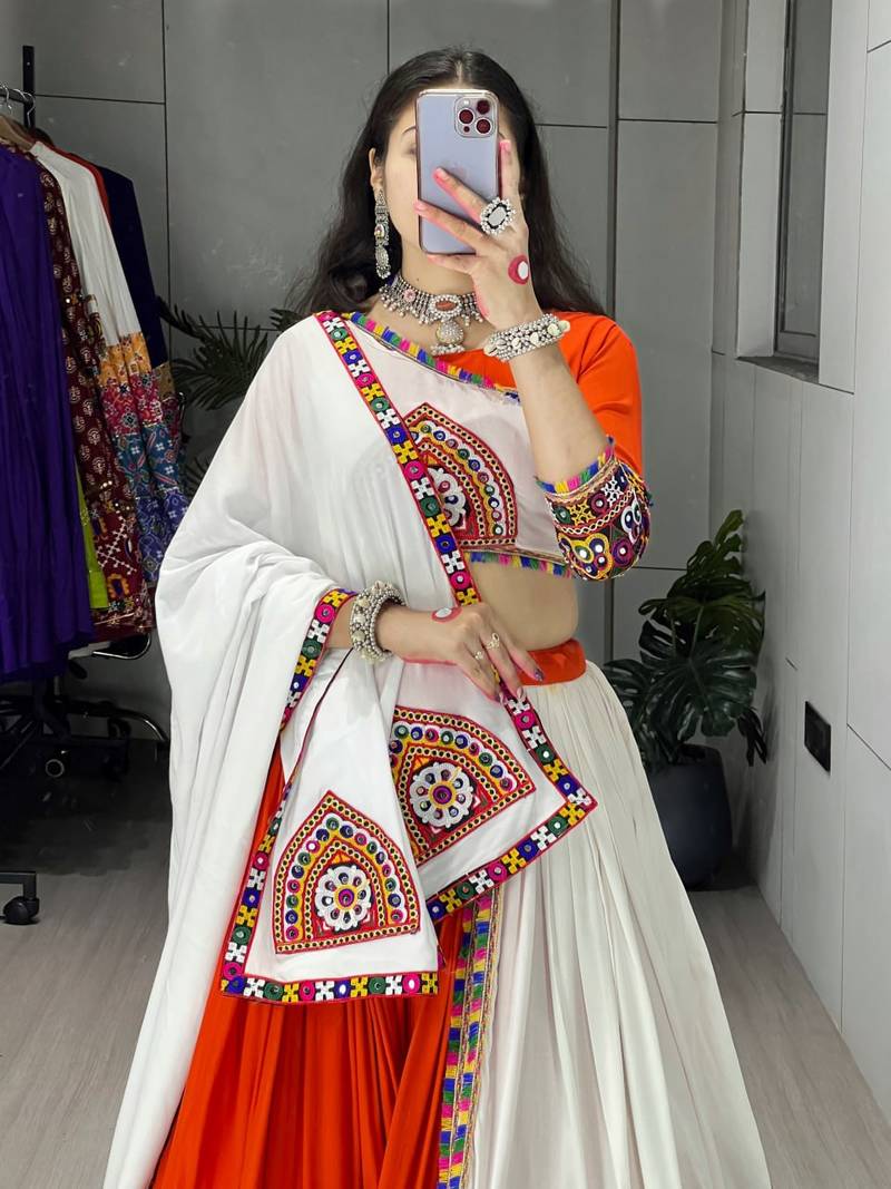 ORANGE RAYON COTTON EMBROIDERY NAVRATRI TOP CHANIYA CHOLI- full stitched free size
