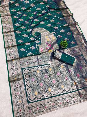 Sea green soft silk blend saree with zari weaving meenakari design 2
