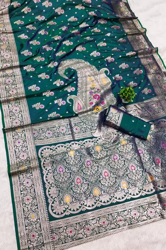 Sea green soft silk blend saree with zari weaving meenakari design