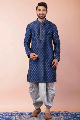navy blue  kurta dhoti  set for men with embroidered work