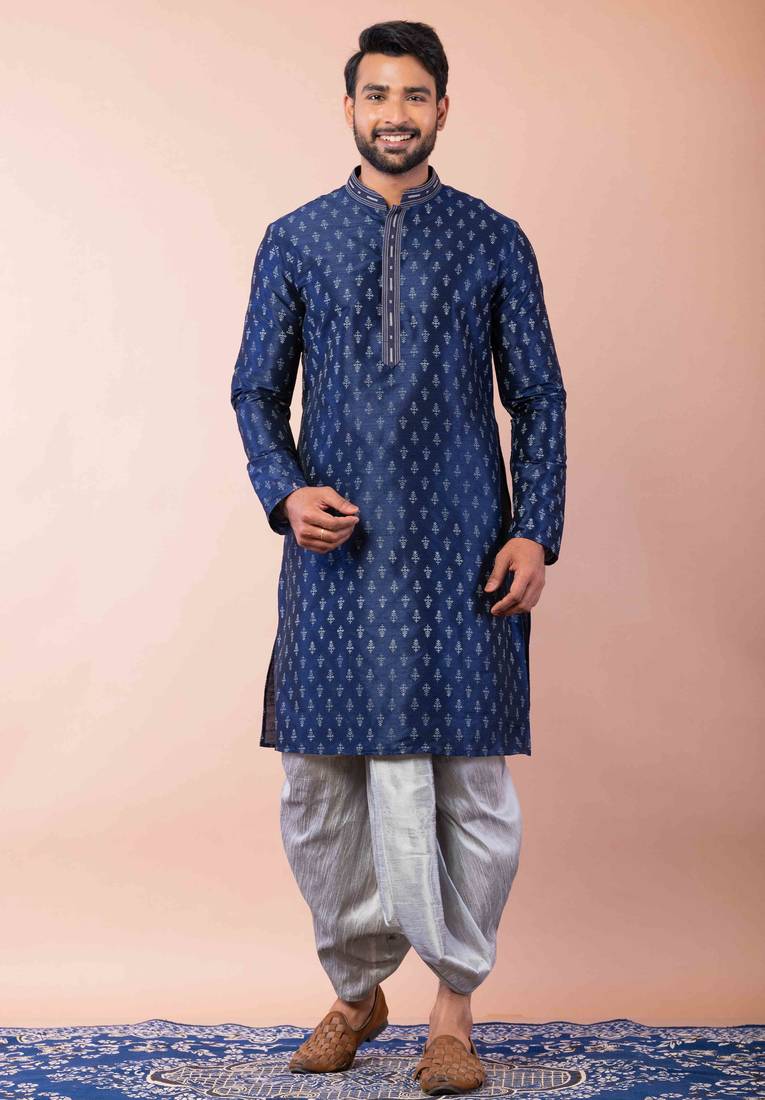 navy blue  kurta dhoti  set for men with embroidered work