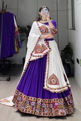 PURPLE WHITE RAYON COTTON EMBROIDERY NAVRATRI TOP CHANIYA CHOLI- full stitched free size