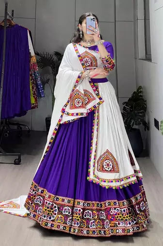 PURPLE WHITE RAYON COTTON EMBROIDERY NAVRATRI TOP CHANIYA CHOLI- full stitched free size