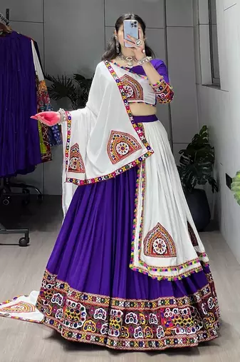 PURPLE WHITE RAYON COTTON EMBROIDERY NAVRATRI TOP CHANIYA CHOLI- full stitched free size