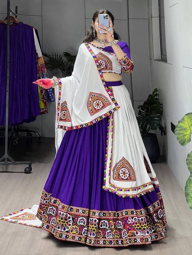 PURPLE WHITE RAYON COTTON EMBROIDERY NAVRATRI TOP CHANIYA CHOLI- full stitched free size