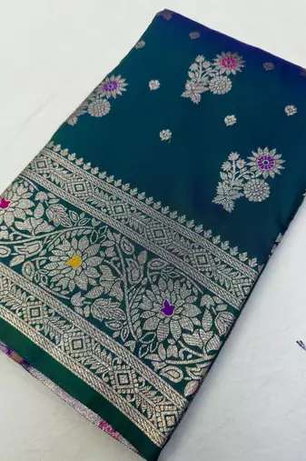 Sea green soft silk blend saree with zari weaving meenakari design