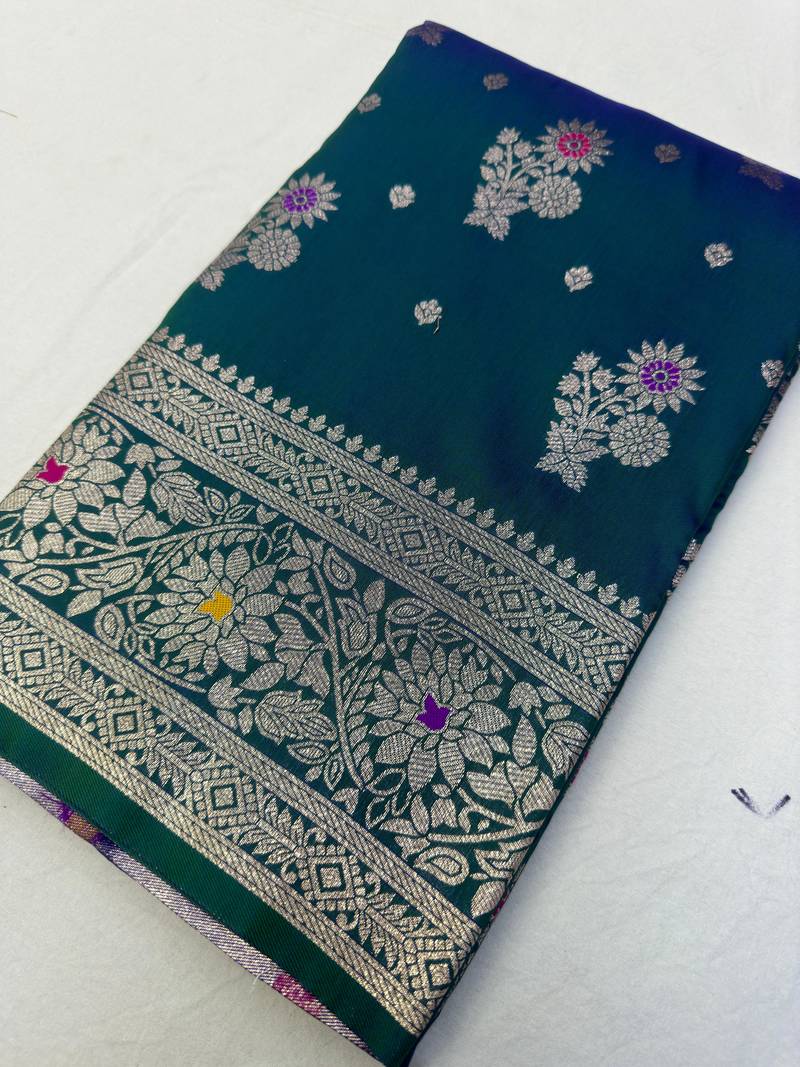 Sea green soft silk blend saree with zari weaving meenakari design